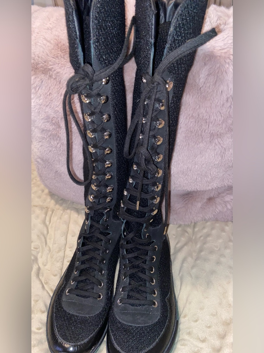 Vintage CHANEL Fall 2014 Tweed and patent leather Lace up sneaker boots